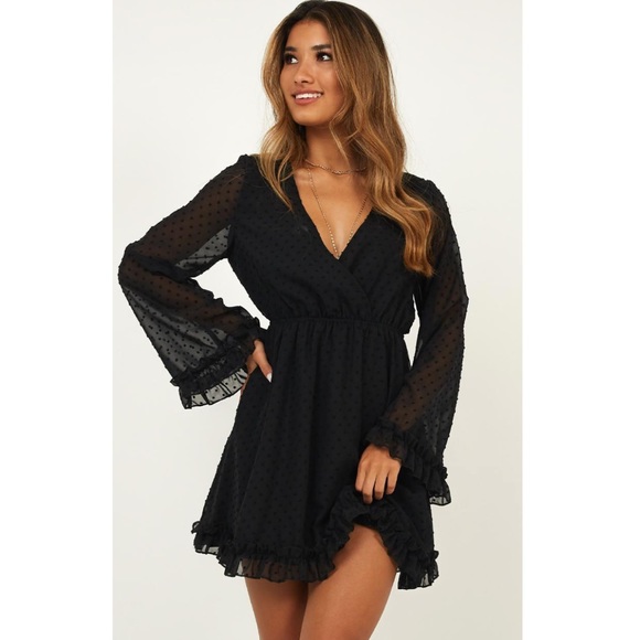 SHOWPO Stay Forever Dress in Black Long Sleeve Swiss Dot V-Neck NWT Size 2 - Picture 12 of 12